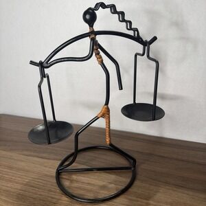 Vintage Laurids Longborg Walking Woman Metal &‎ Rattan Double Candleholder 11.5"